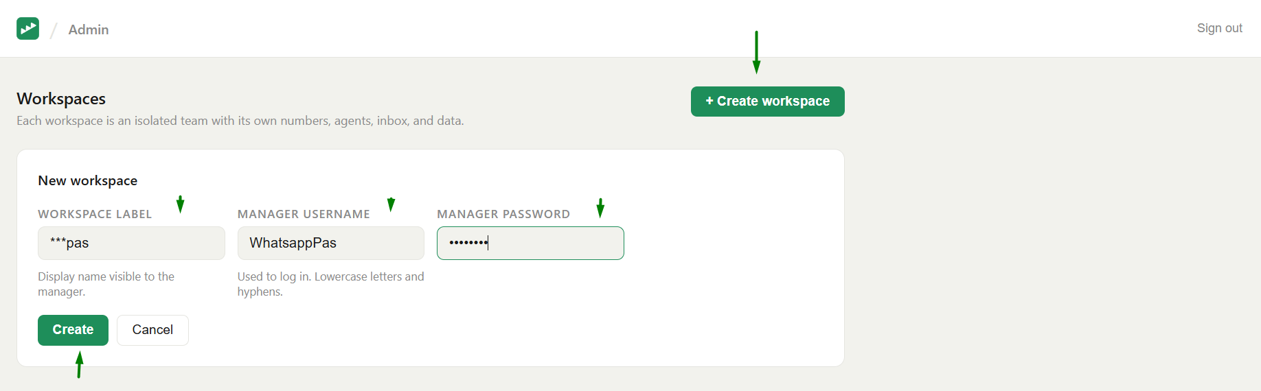 Create Workspace form