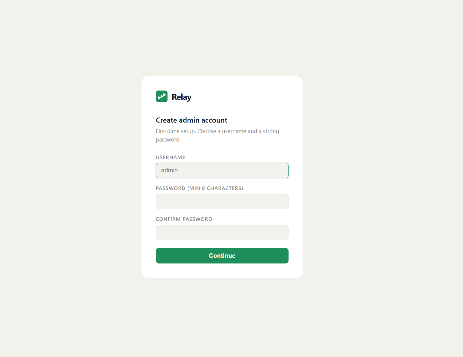 First-time setup: create the administrator account