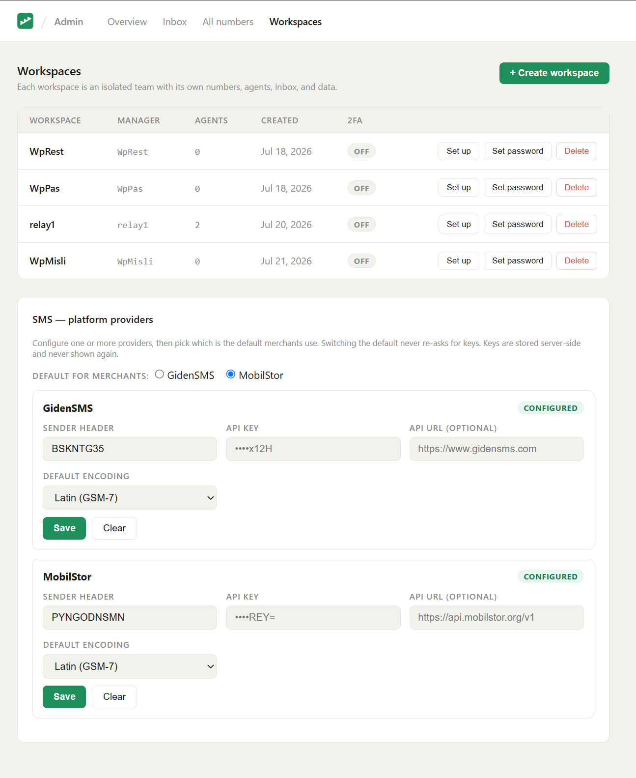 Admin: the per-provider SMS cards and the default selector