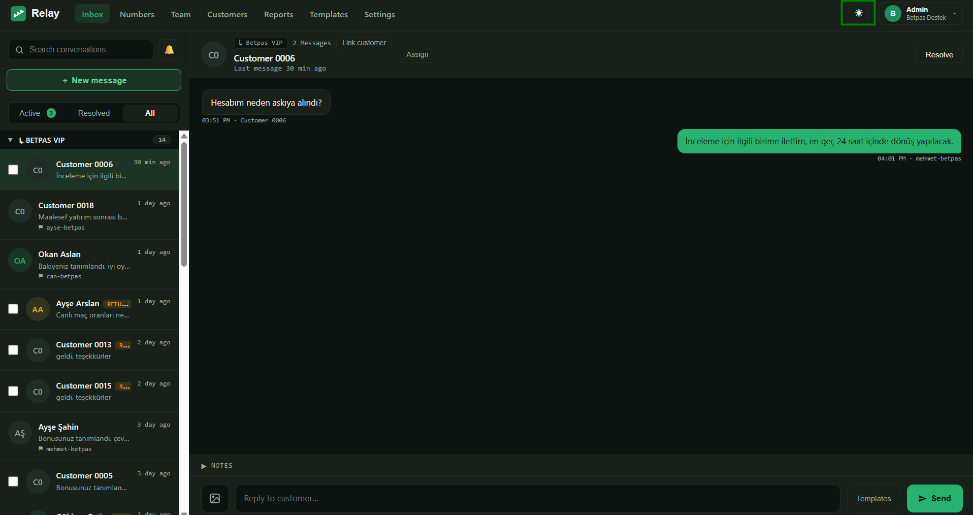 The inbox in dark theme