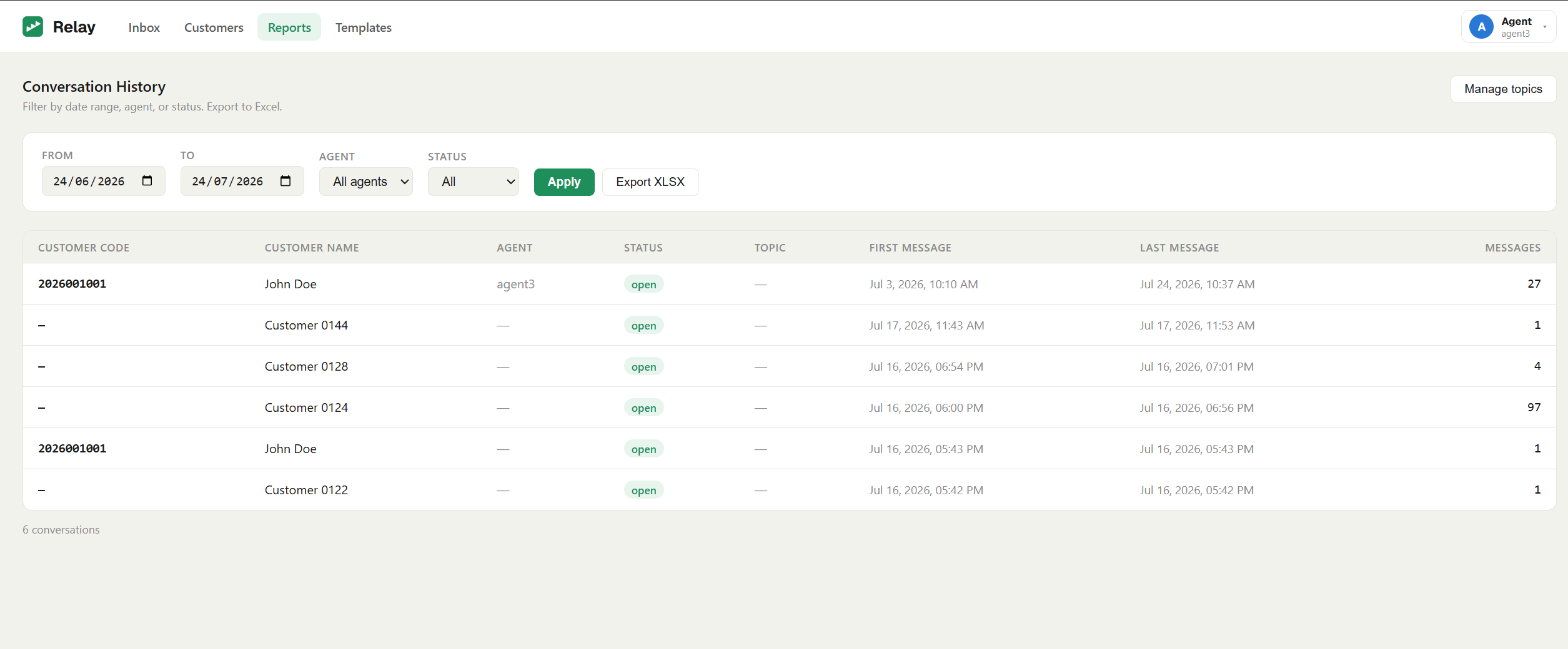 Reports page with filters and the results table