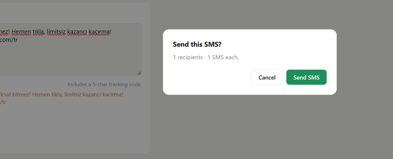 The send confirmation with recipient count and segments