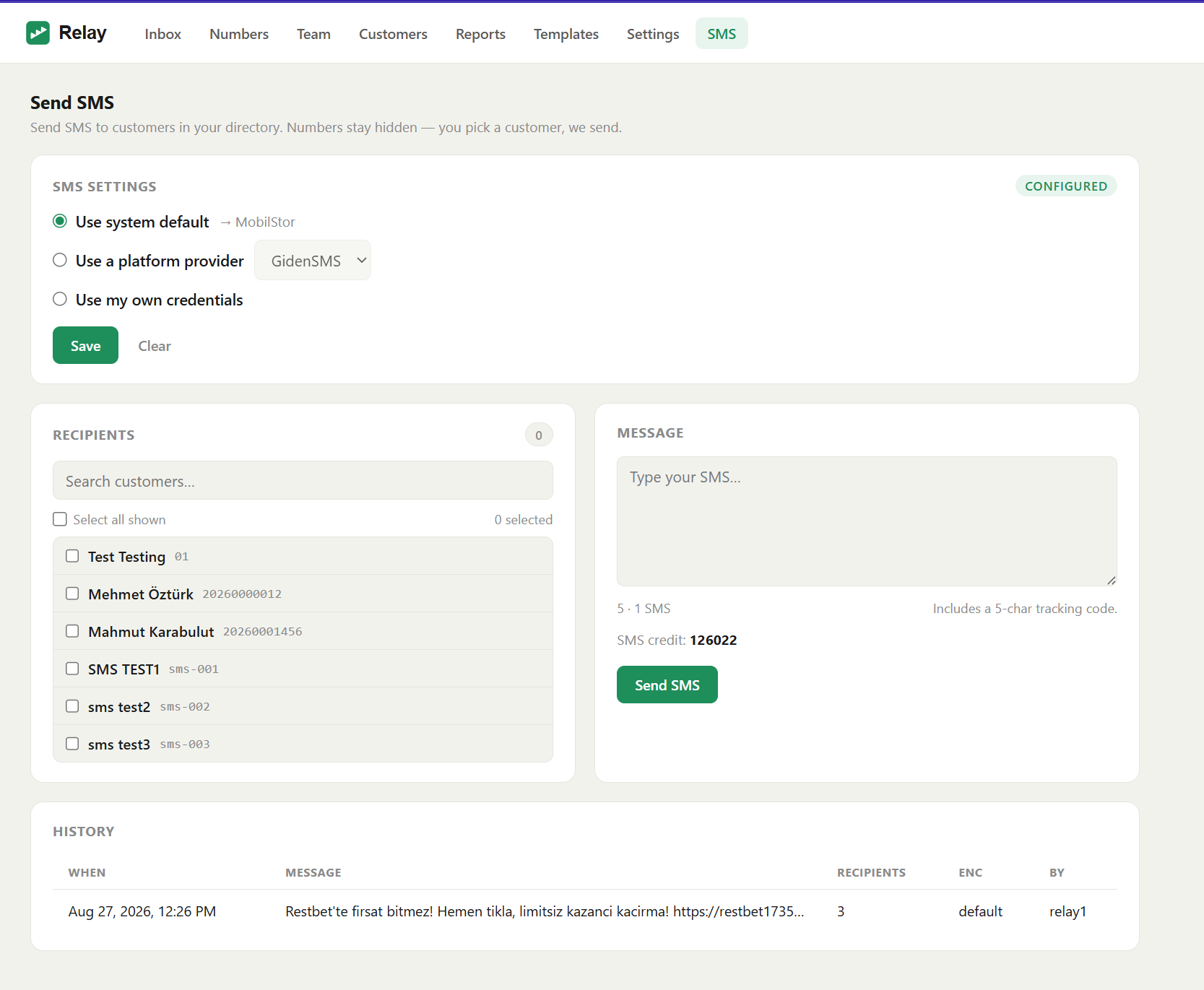 SMS settings — Use system default