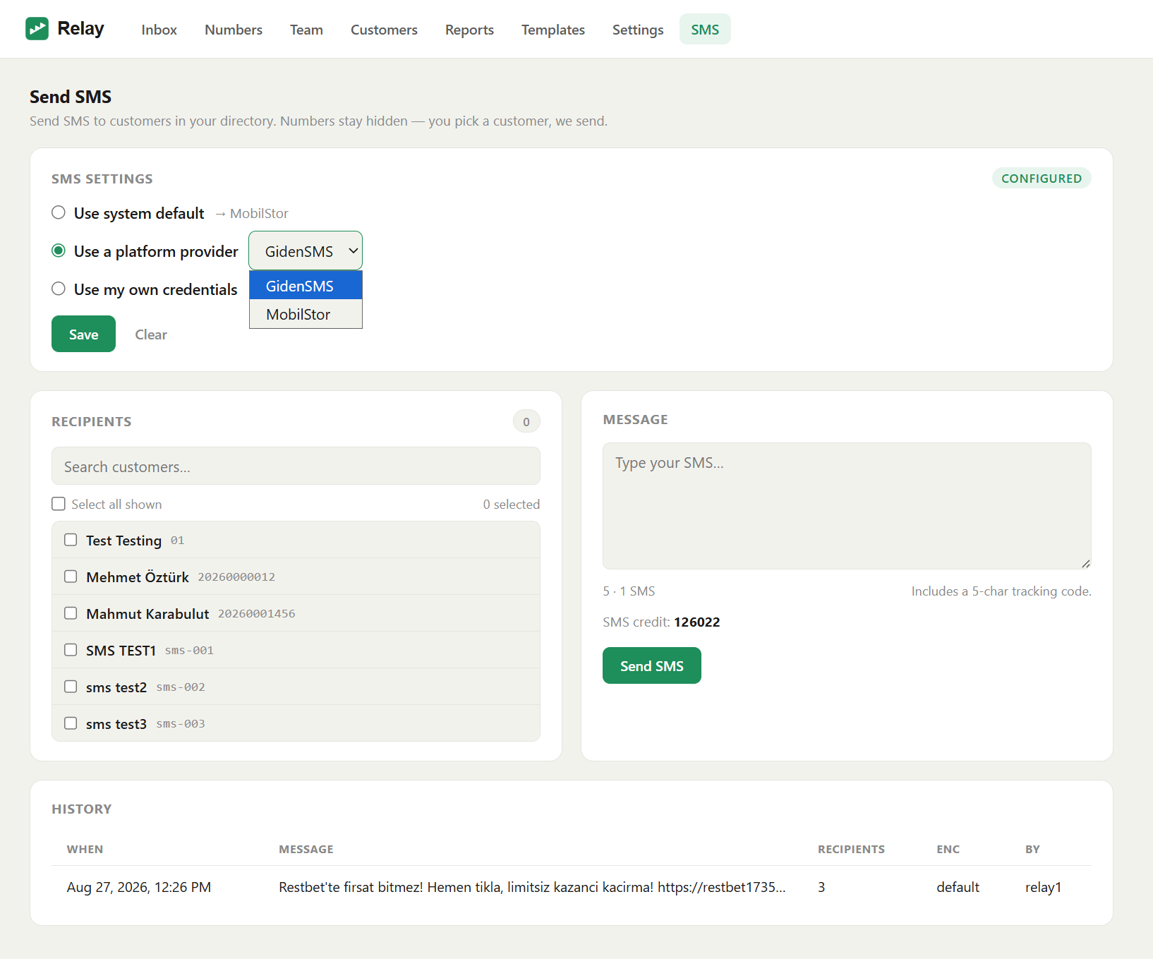 SMS settings — pick a specific platform provider