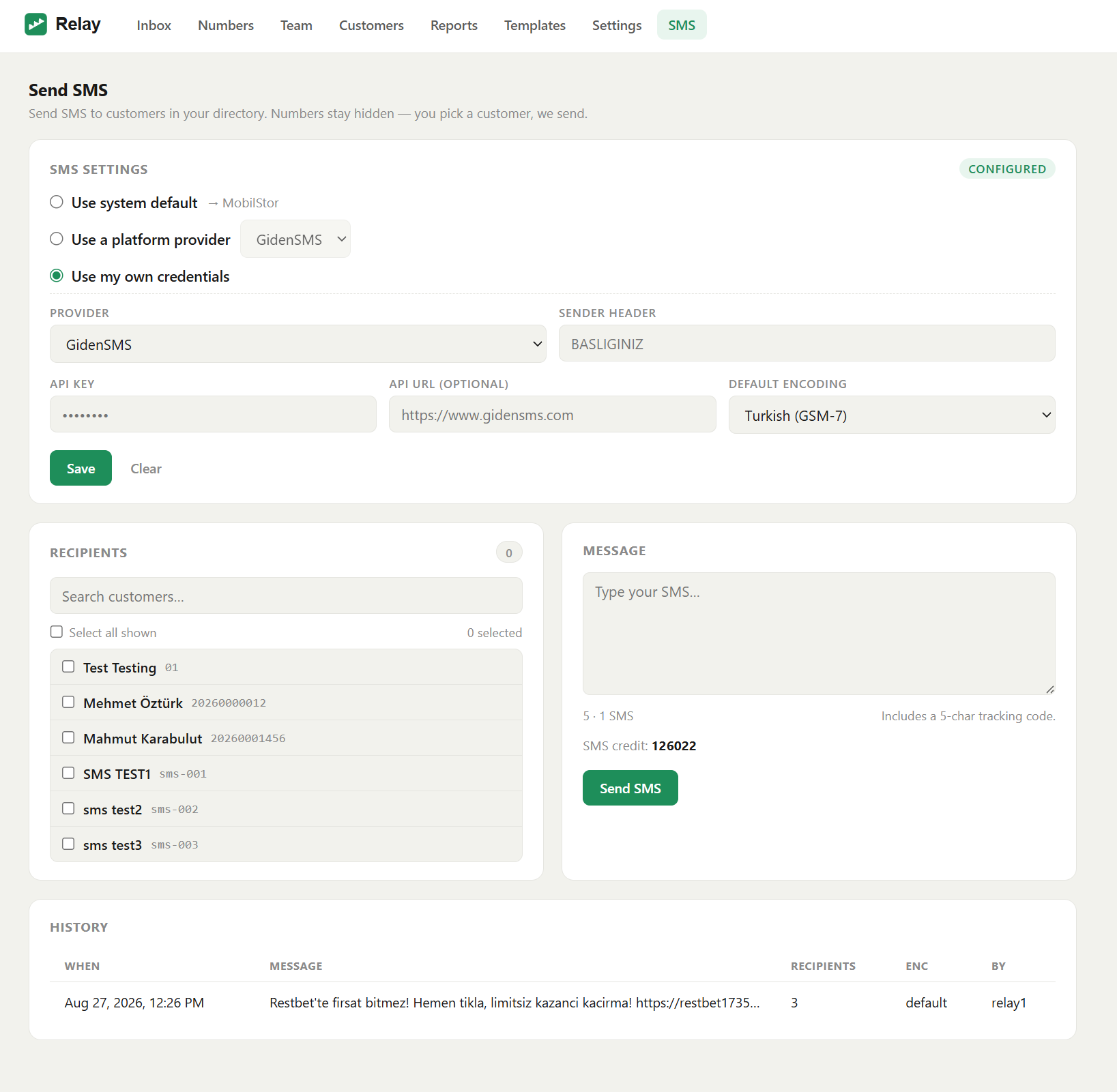 SMS settings — Use my own credentials