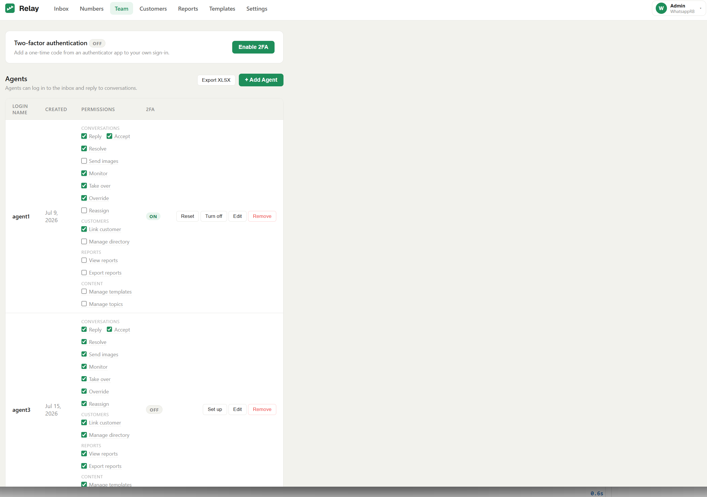 Team page with the agent list