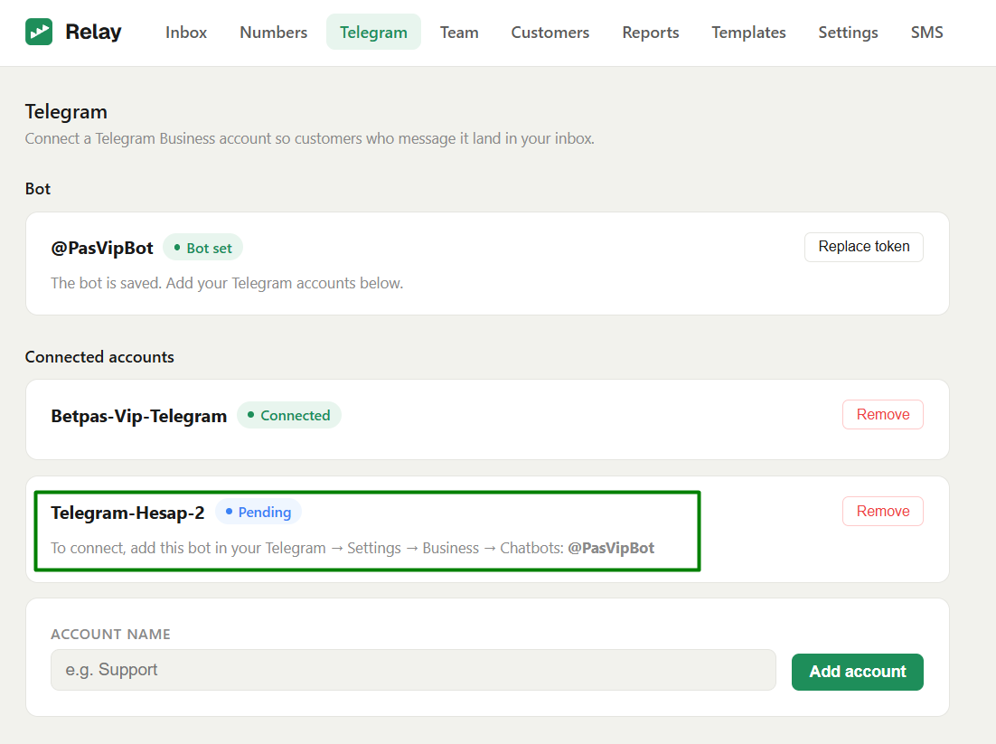 An account waiting to be connected, showing the Pending badge