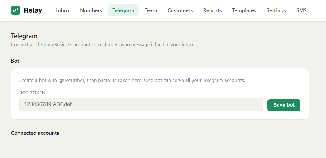 The Telegram page with the bot token field