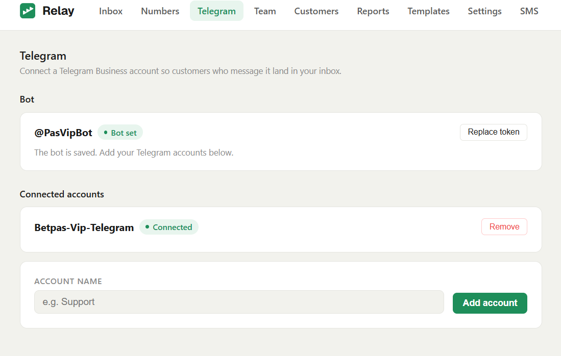 The Telegram page with a bot saved and an account connected