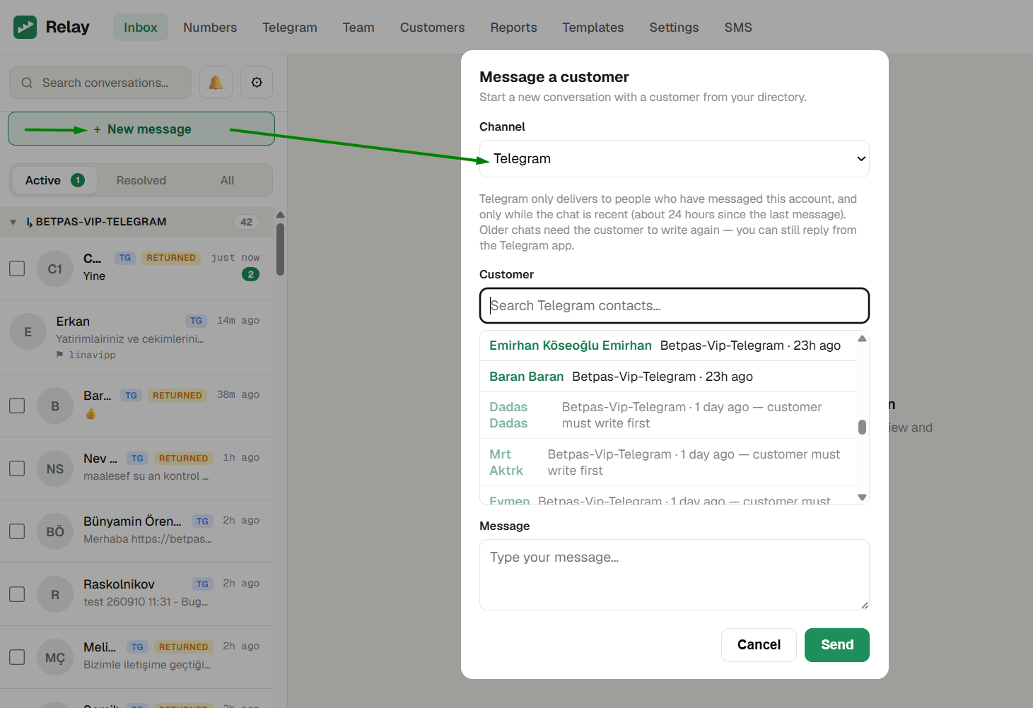 Starting a Telegram chat from the New message dialog